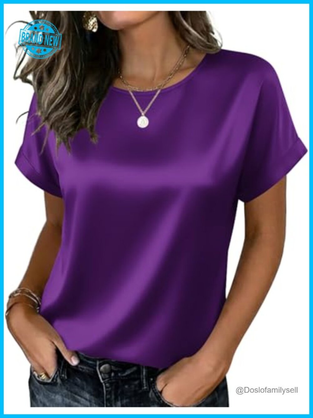 Satin Silk Blouse Short Sleeve Crewneck Button Down Top